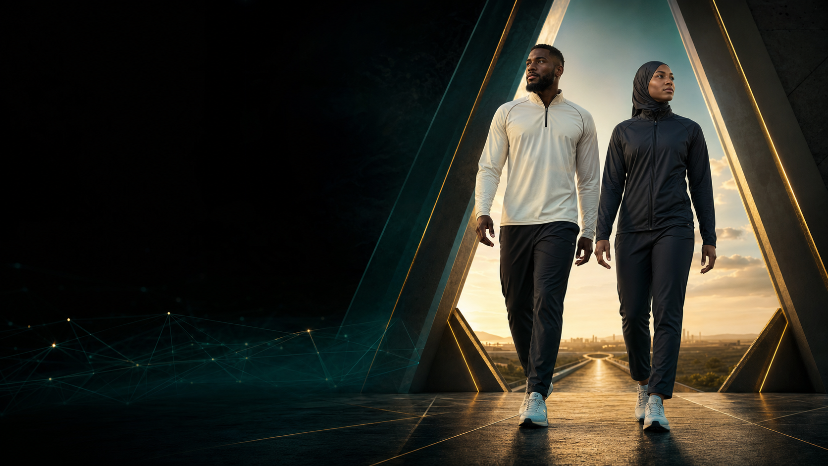 Black Muslim athletes walking through an illuminated gateway toward a lasting future
